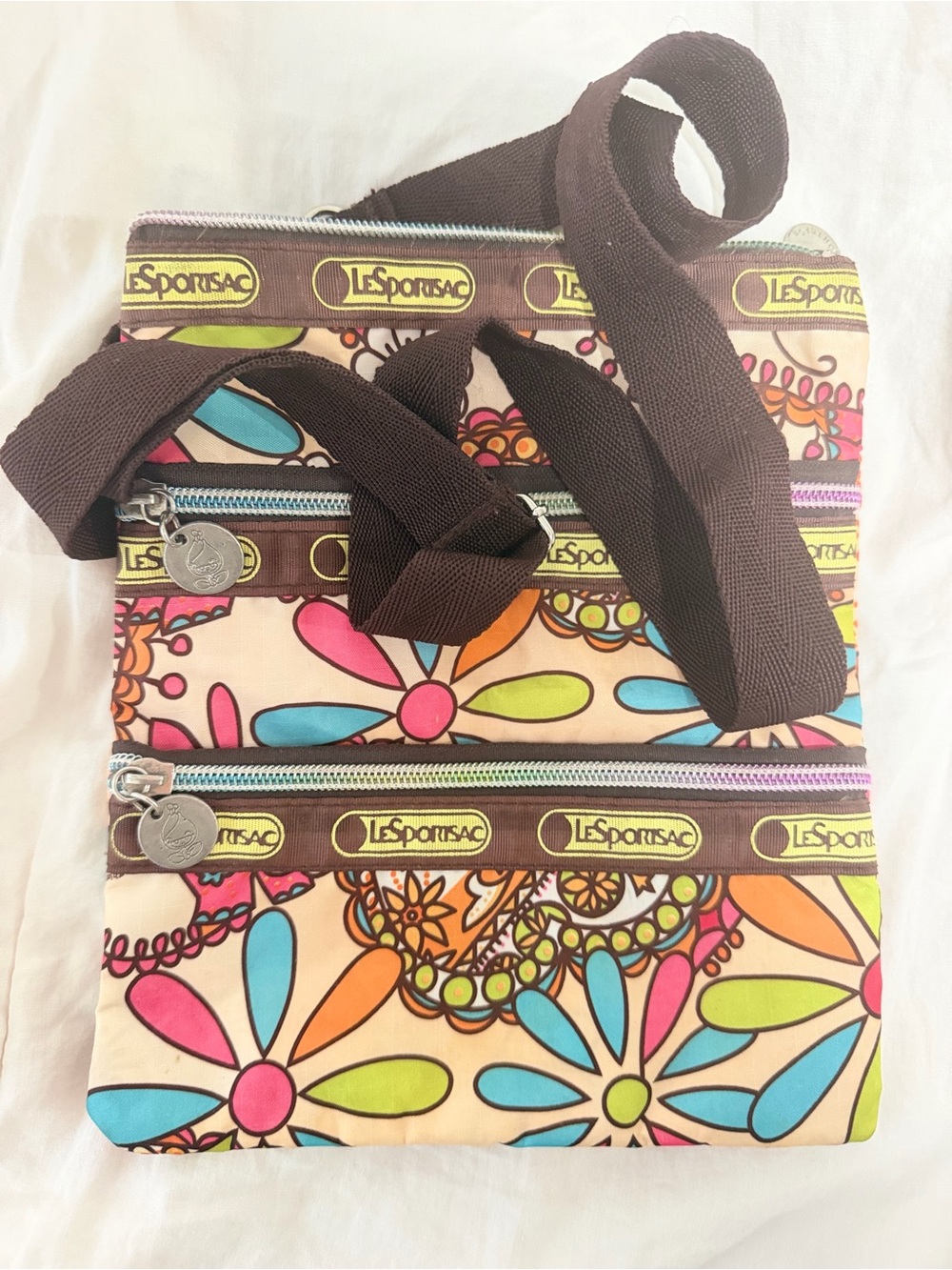 Vtg LeSportsac Brown Strap Floral Print Crossbody Bag with Multicolor Petal
